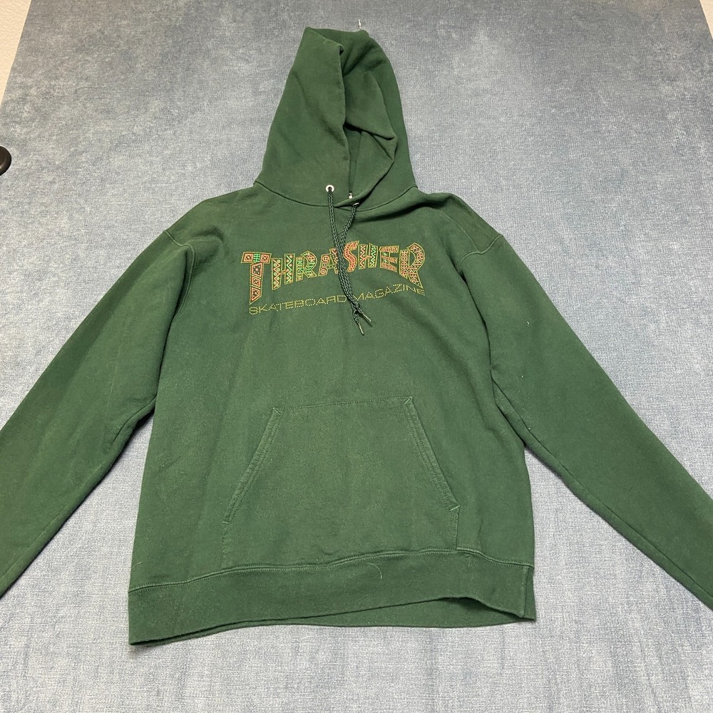 Thrasher Skateboard Magazine Hoodie Mens S 34-36 Green Drawstring Long Sleeve